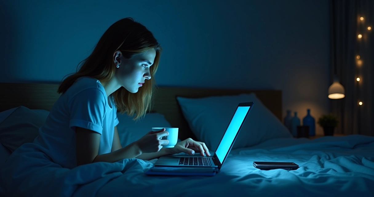 Mulher sentada na cama usando laptop à noite, rosto iluminado pela tela 