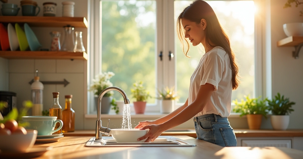 Mulher lavando louça em cozinha ensolarada 