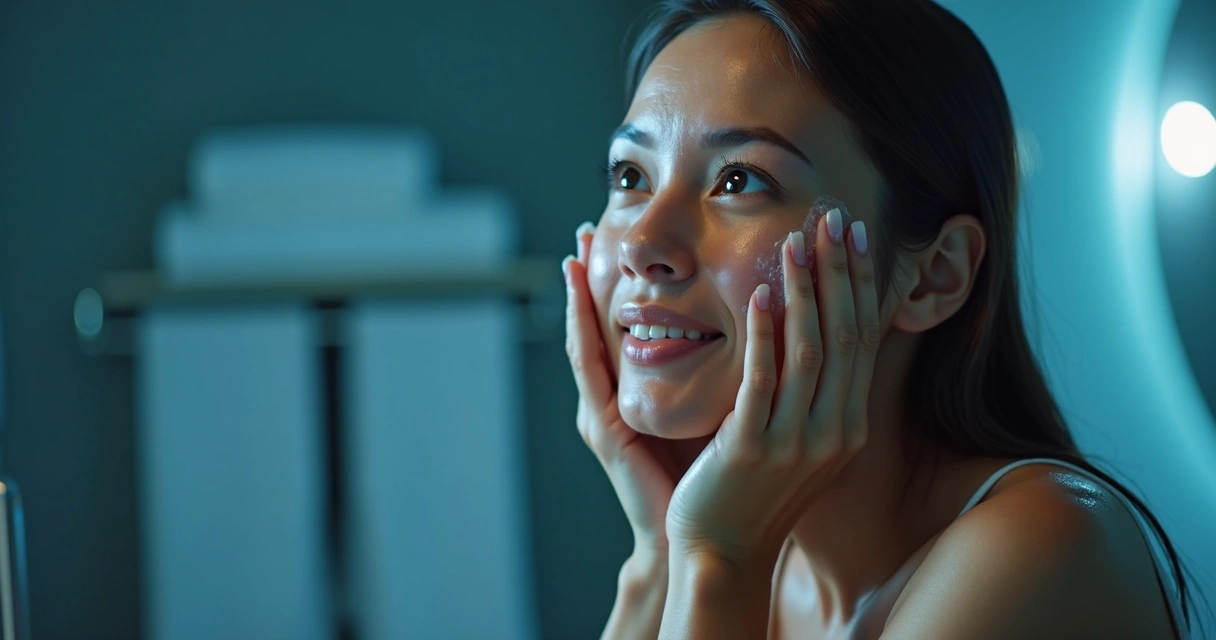 Skincare noturno clínico: por que sua pele precisa de cuidados médicos? 1 Mulher lavando o rosto no banheiro à noite
