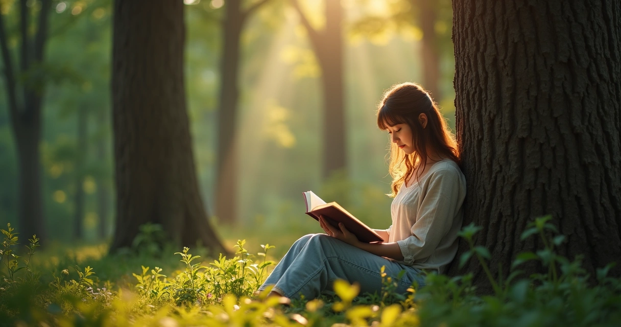 Mulher jovem lendo livro em meio a árvores com luz suave 