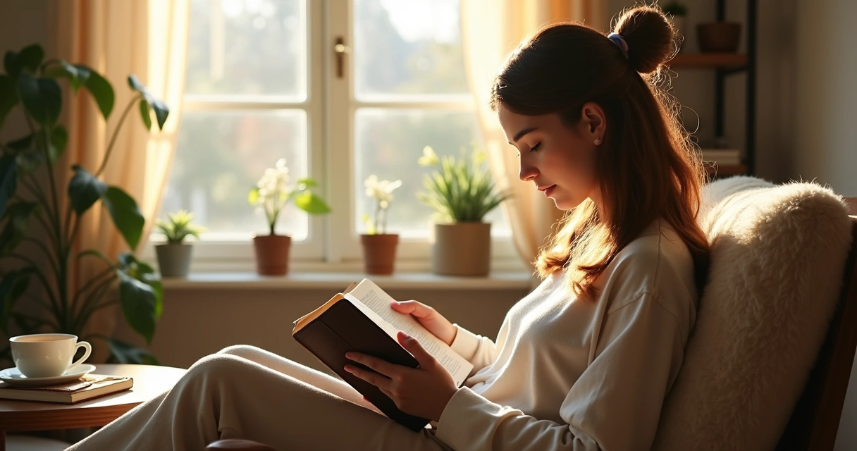 Mulher lendo a Bíblia em um ambiente confortável, com luz natural e elementos que transmitem tranquilidade e fé