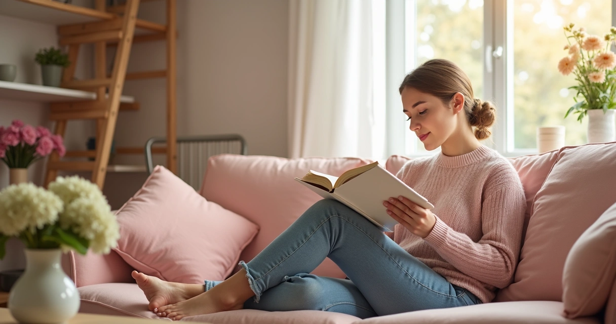 Mulher sentada lendo a Bíblia em um sofá com flores 