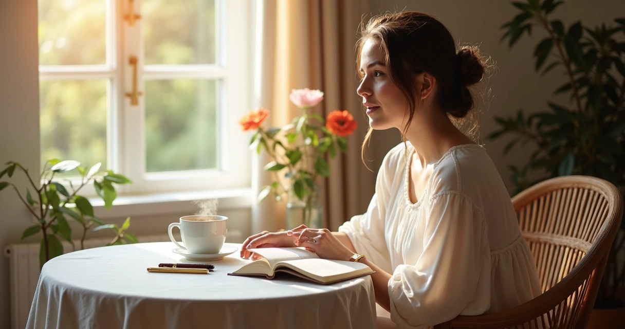 Mulher lendo a Bíblia e tomando café da manhã 