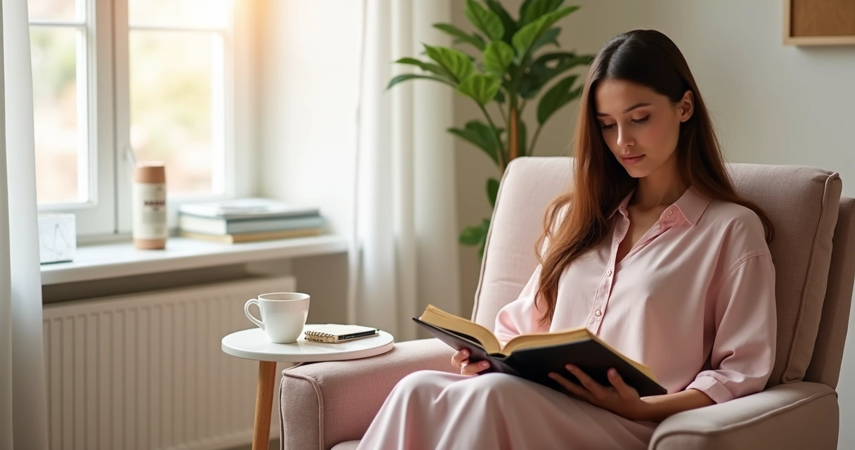 Mulher sentada lendo a Bíblia em uma sala iluminada 
