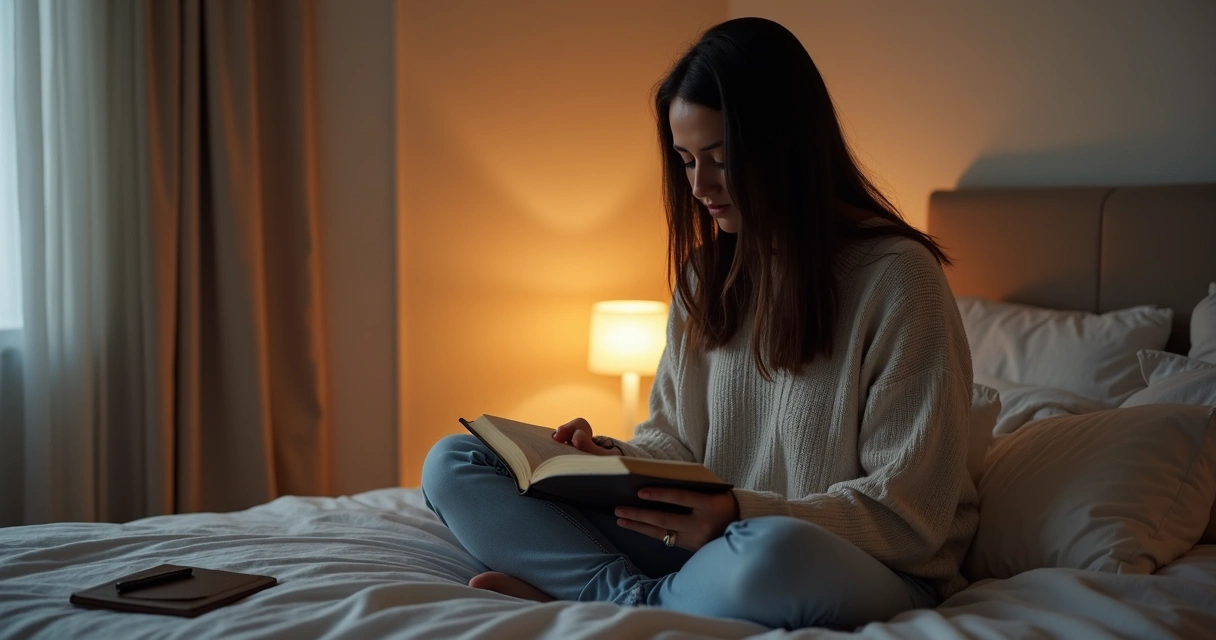 Mulher lendo Bíblia sentada na cama