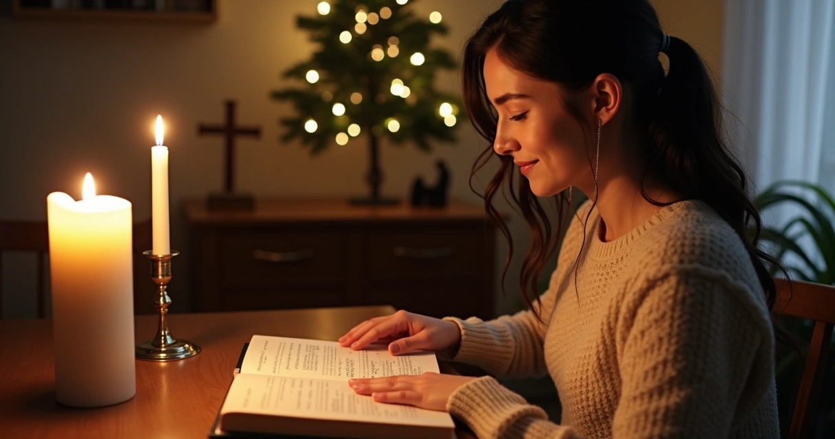 Mulher toca texto em braille iluminado por vela em ambiente natalino tranquilo 