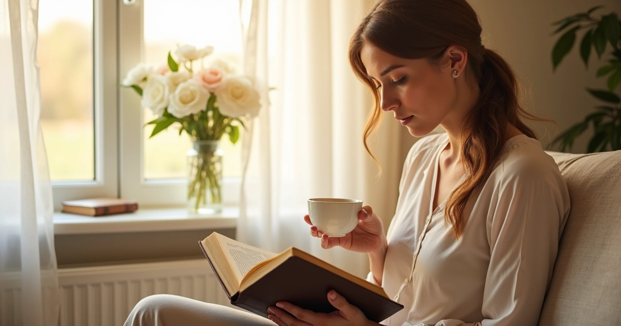 Mulher lendo um devocional matinal em casa com uma xícara de chá 