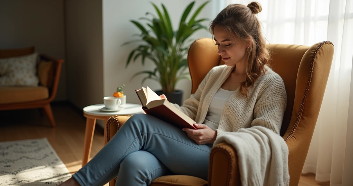 Mulher lendo livro em poltrona confortável