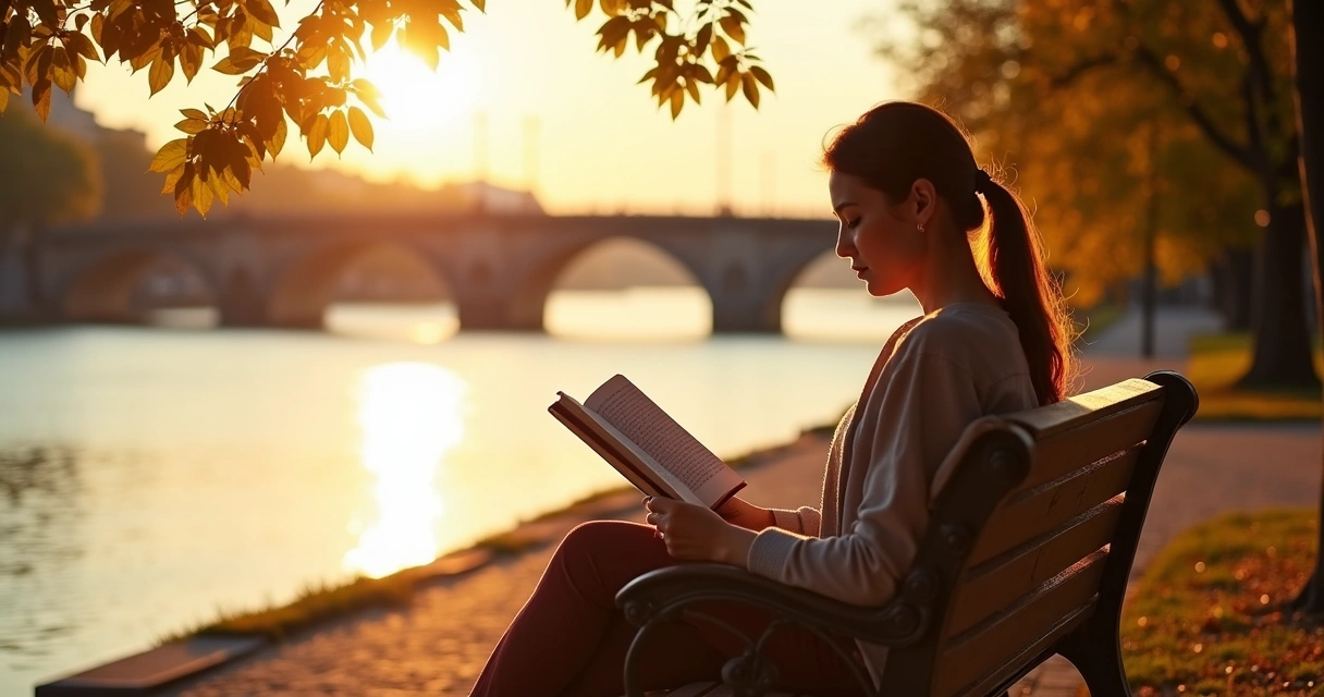 Mulher lendo livro sentada em banco perto de ponte ao pôr do sol 