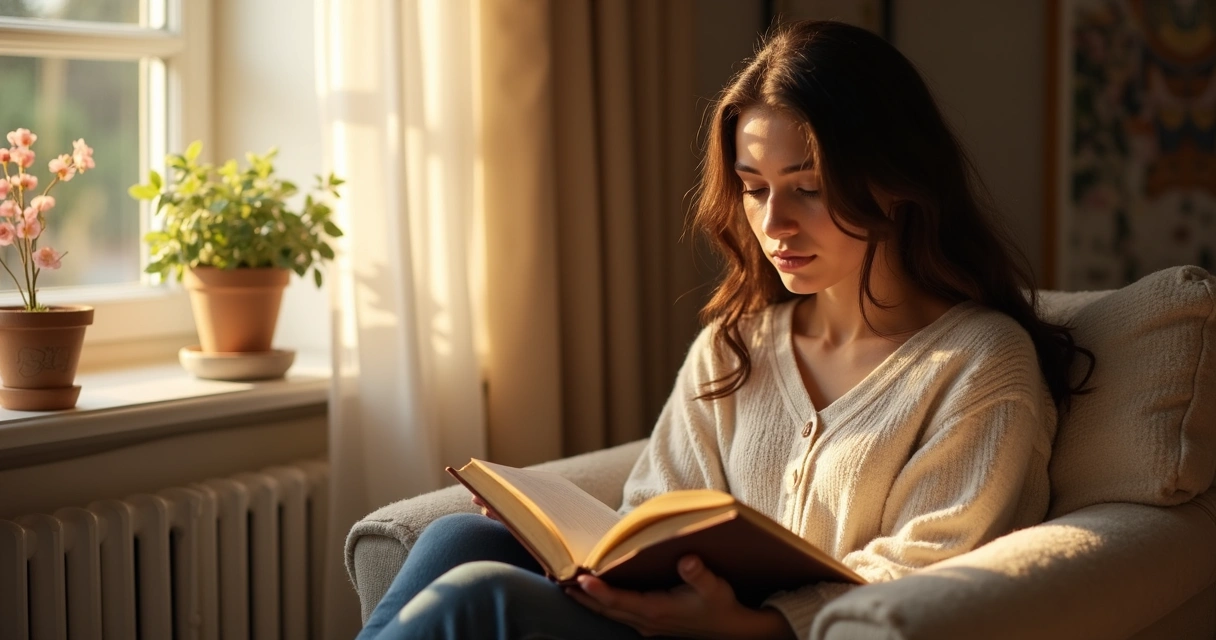 Mulher lendo livro devocional em ambiente tranquilo e inspirador