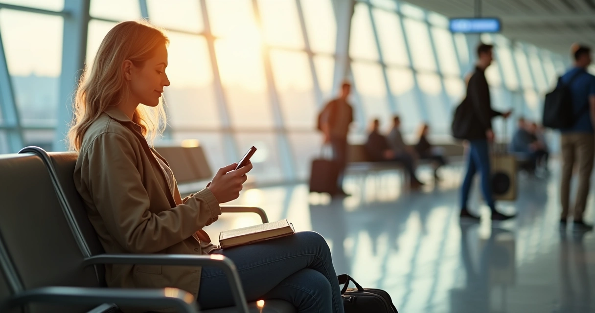 Mulher sentada em aeroporto lendo devocional no celular
