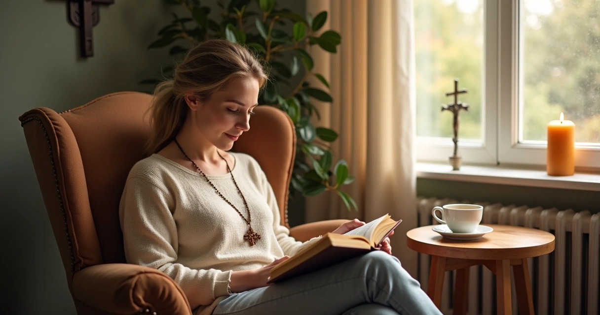 Mulher sentada na poltrona lendo livro cristão perto da janela 