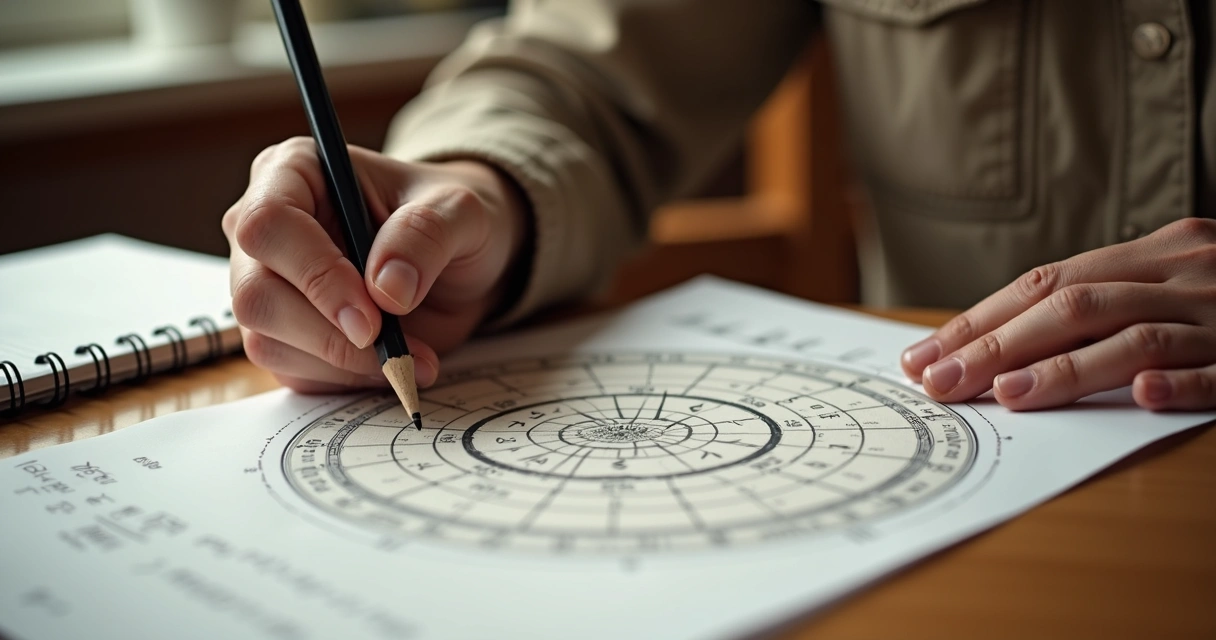 Pessoa observando mapa astral com lápis na mão 