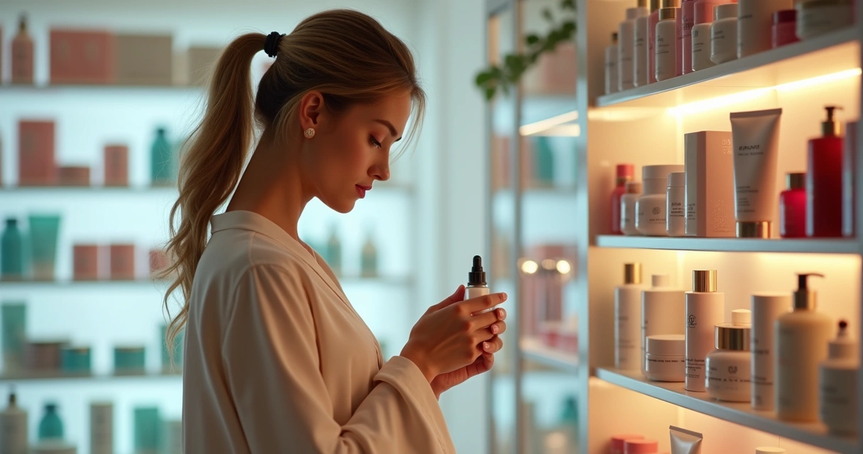 Mulher examinando atentamente o rótulo de um cosmético em loja de beleza 