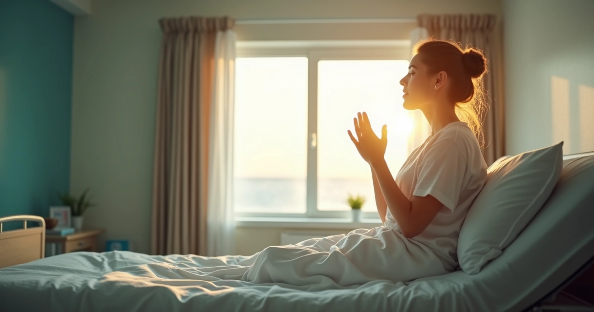 Mulher se levantando com esforço, expressão de fé, quarto iluminado, detalhes de superação 