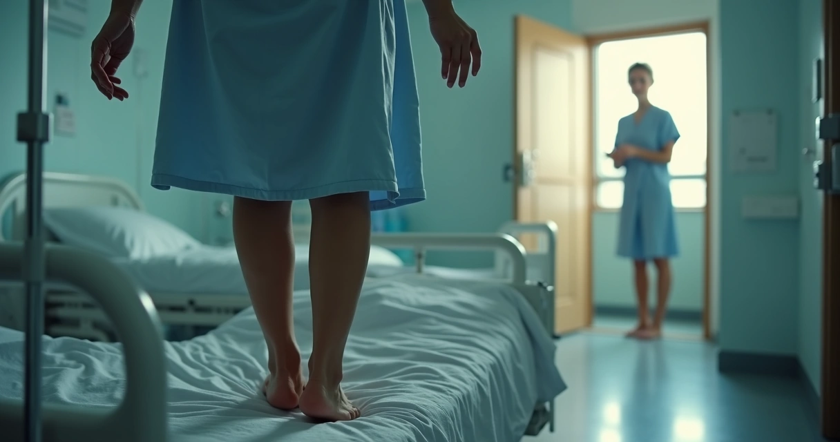 Mulher em camisola de hospital se levantando da maca com expressão de determinação 