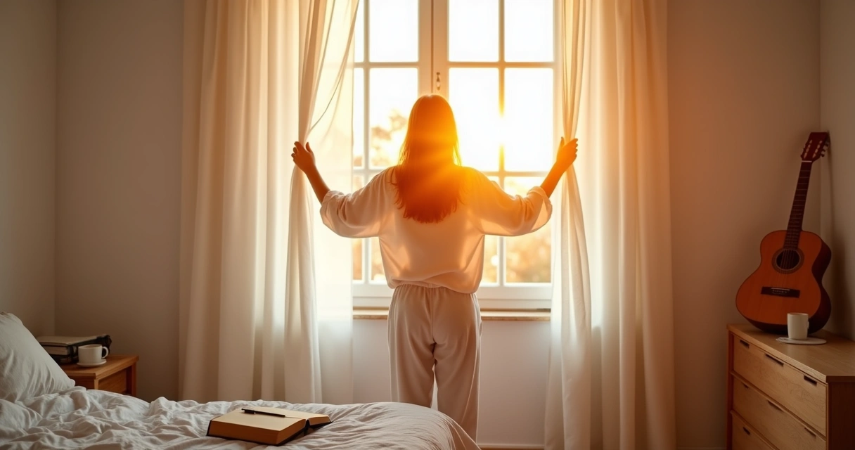 Mulher laça os braços abrindo cortinas diante de janela iluminada 