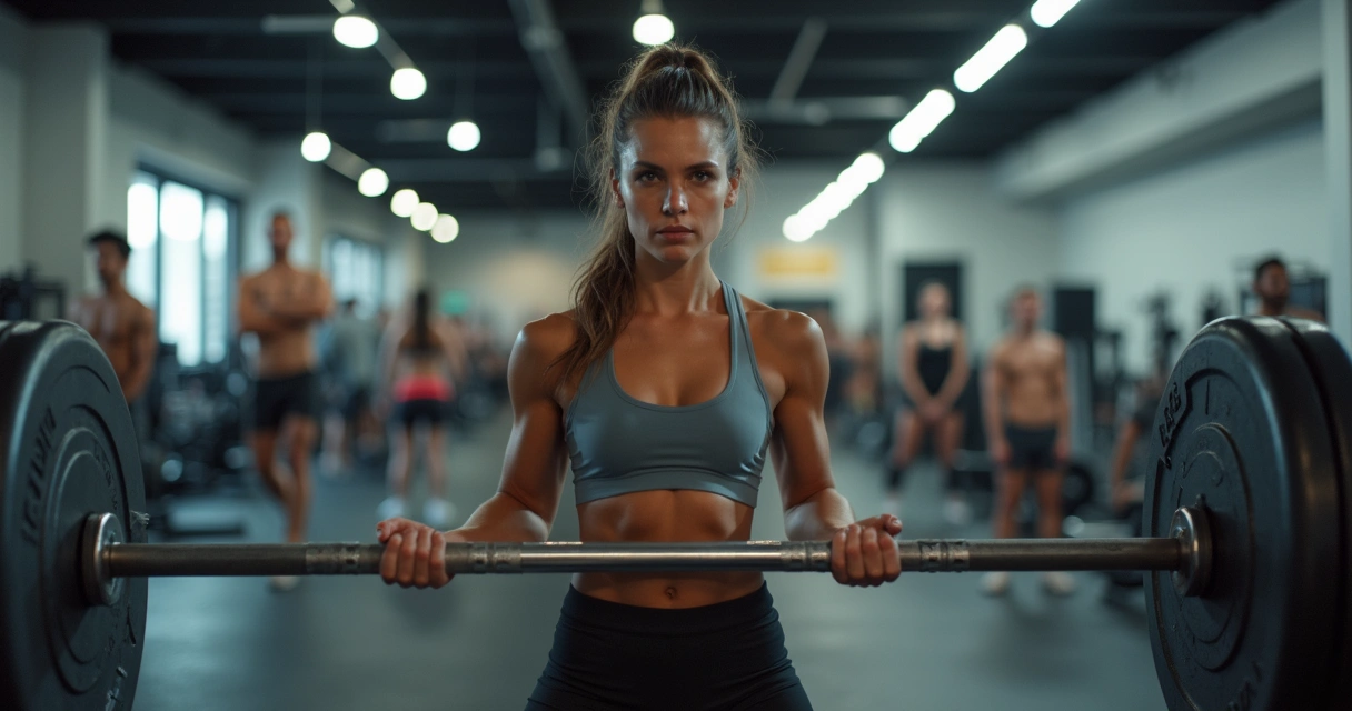 Mulher levantando pesos em uma academia moderna e iluminada 