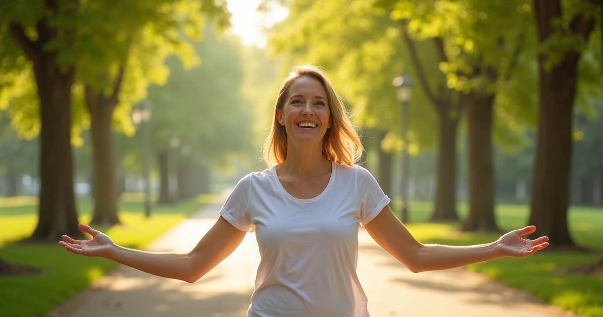 Mulher caminhando tranquila ao ar livre após sessão de reiki, expressão alegre 