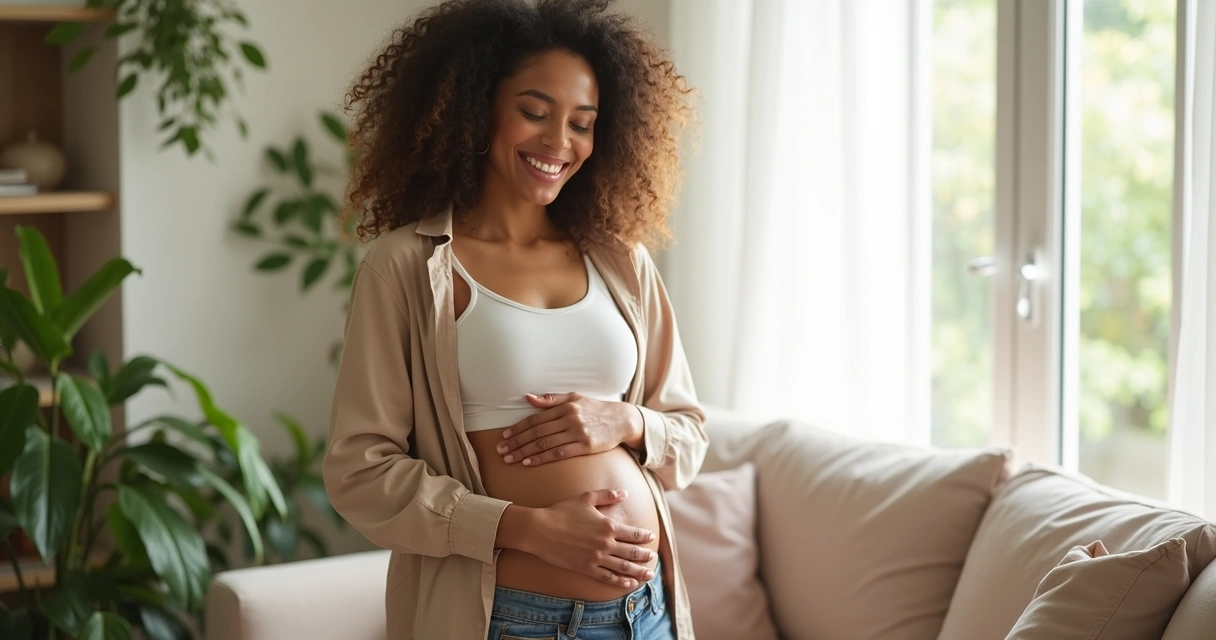 Mulher sorrindo aliviada com barriga mais lisa em ambiente aconchegante 