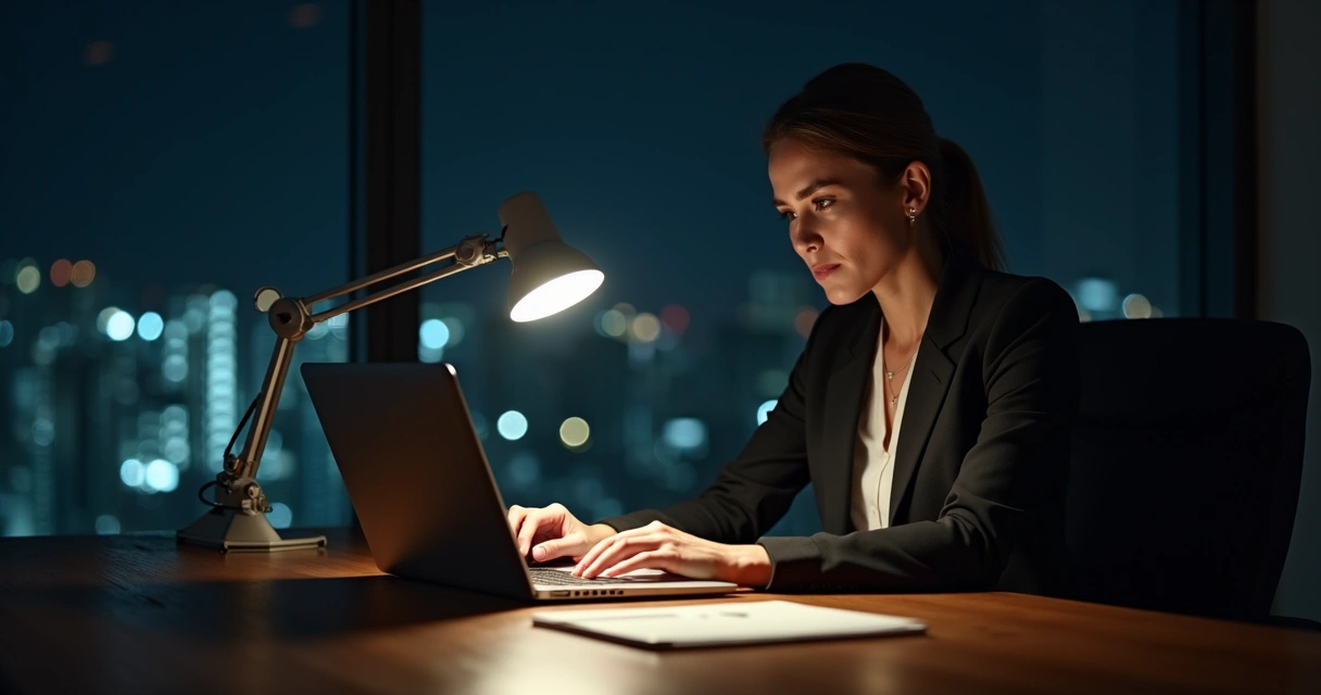 Mulher sentada sozinha em mesa de escritório iluminada com notebook 