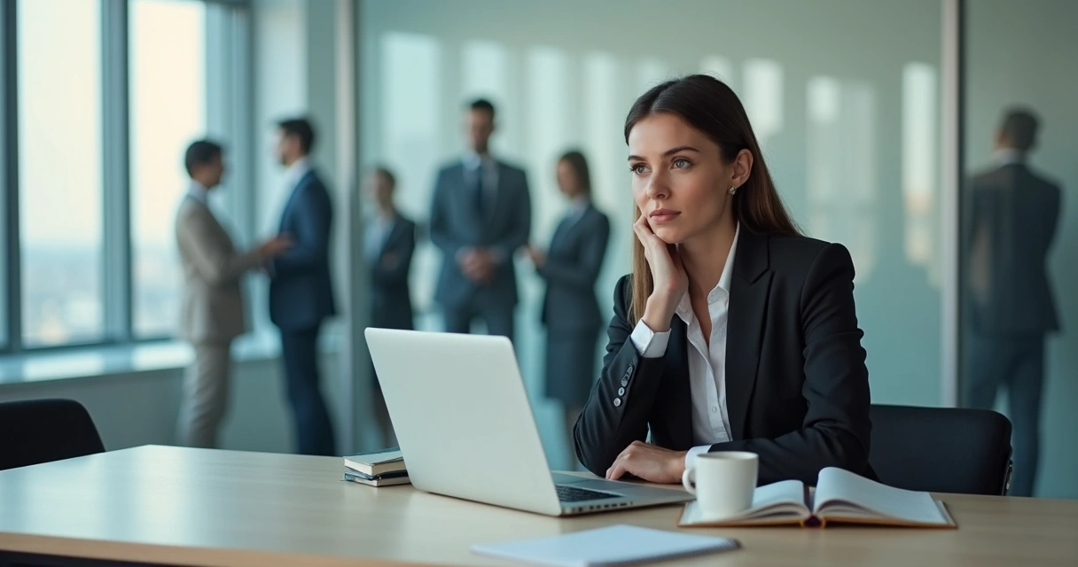 Mulher sentada à mesa de escritório pensando profundamente 