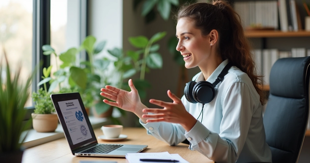 Líder feminina gesticulando em frente ao notebook em chamada de vídeo. 
