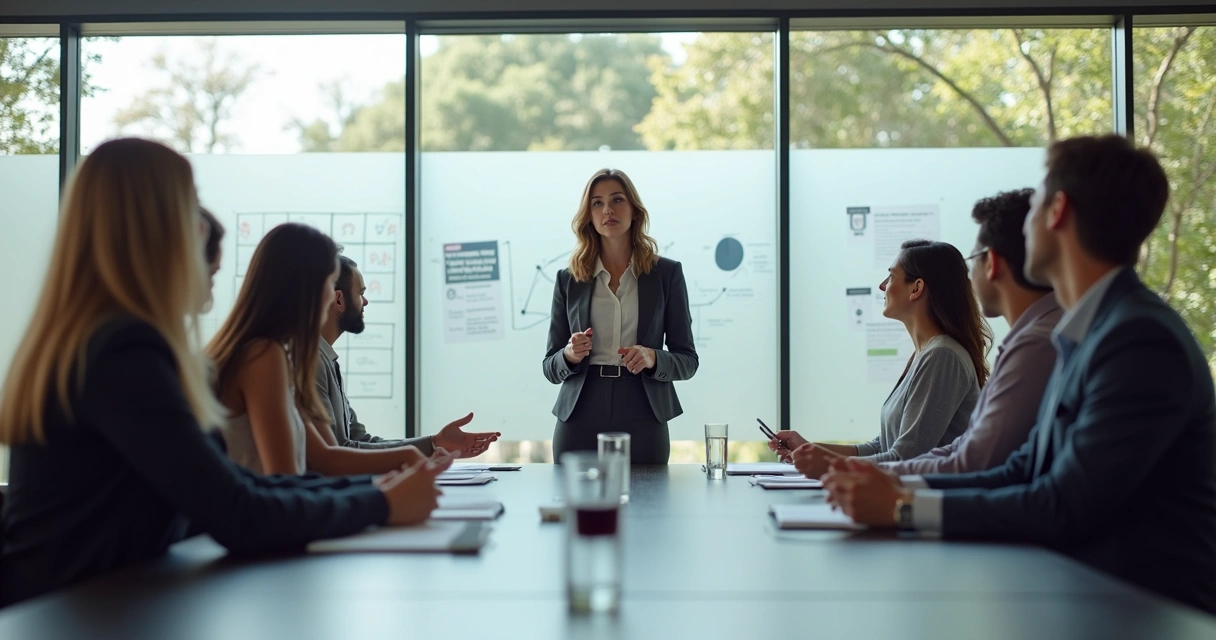 Mulher liderando reunião com equipe multicultural em sala de reunião moderna 