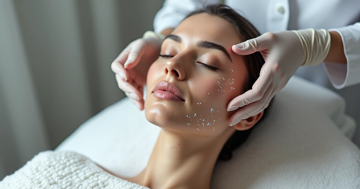 Rosto feminino sendo marcado para lifting não cirúrgico em ambiente clean 