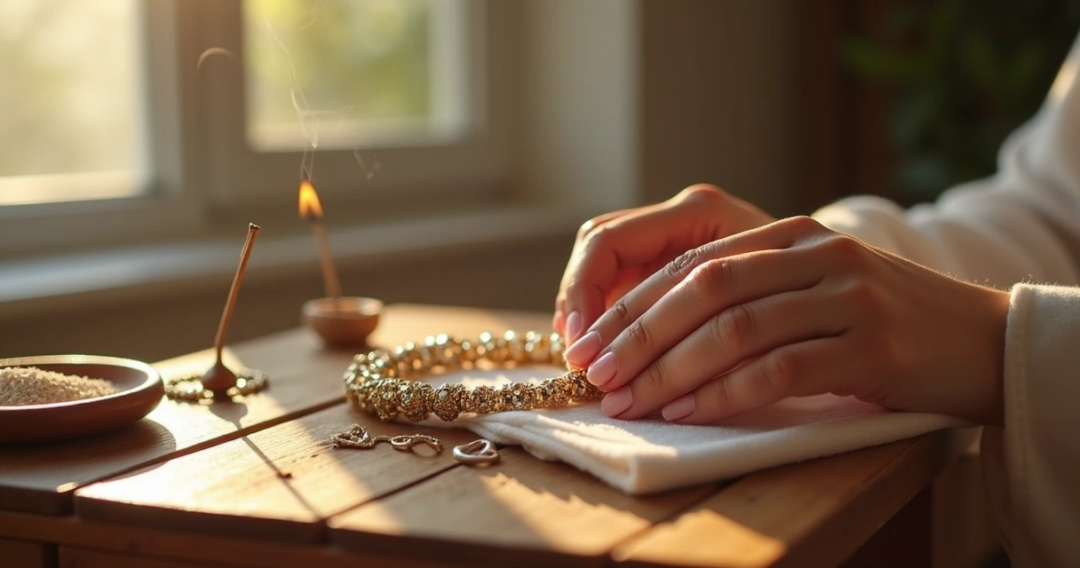 Mulher limpando bijuteria em mesa 