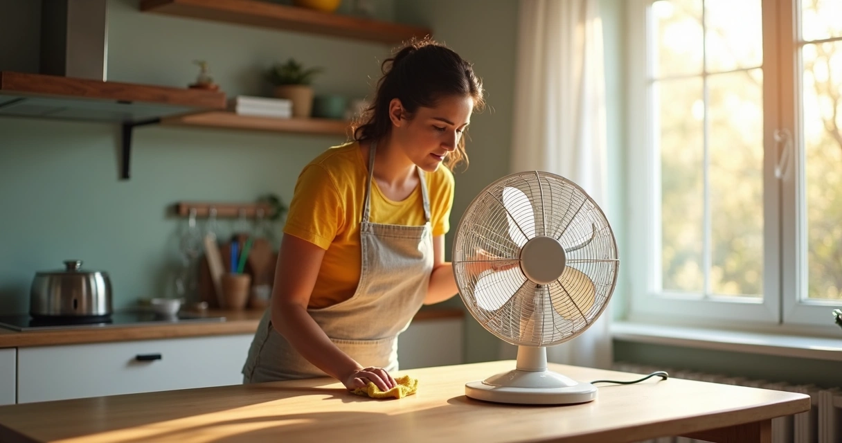 Mulher limpando ventilador de mesa com pano seco. 