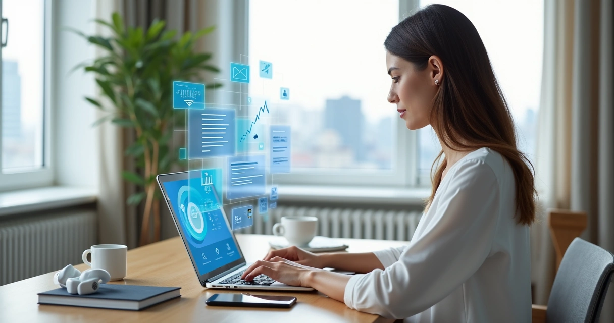 Mulher trabalhando notebook com tela do LinkedIn e gráficos de vendas digitais 