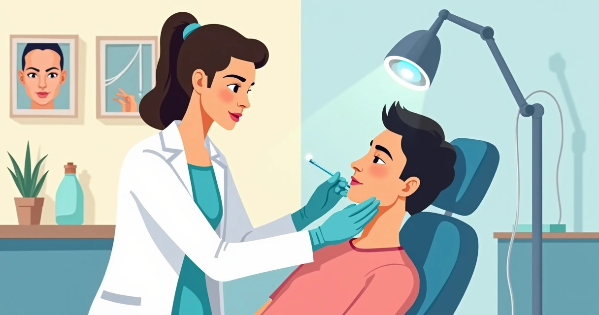 Profissional realizando avaliação na região do queixo de uma paciente em clínica de estética 
