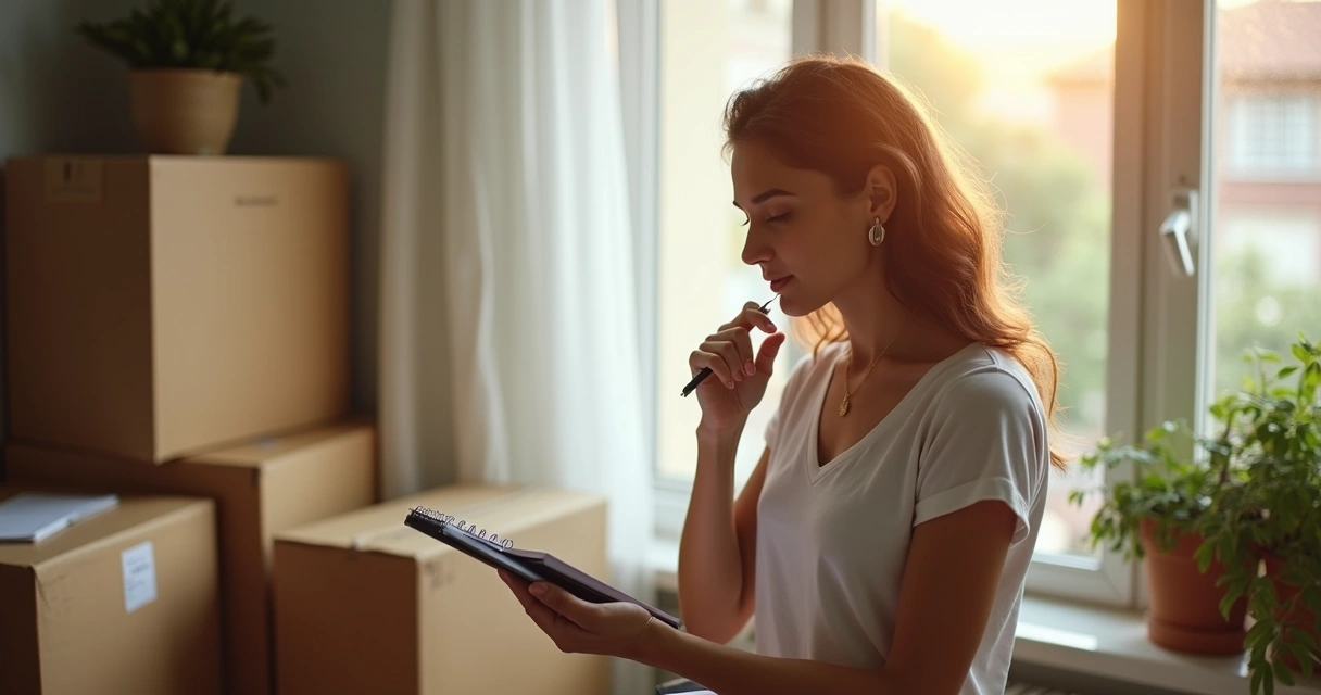 Mulher revendo lista de tarefas para mudança internacional em casa 