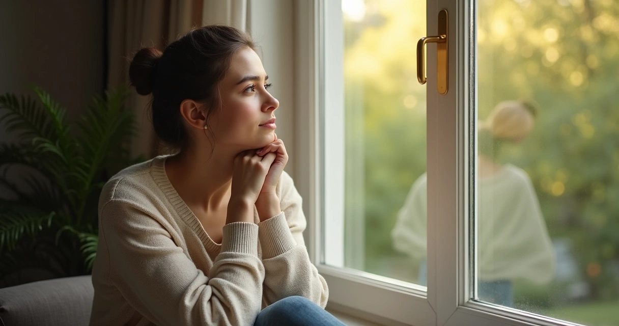 Mulher sentada sozinha, com expressão serena, olhando para a janela, luz suave matinal