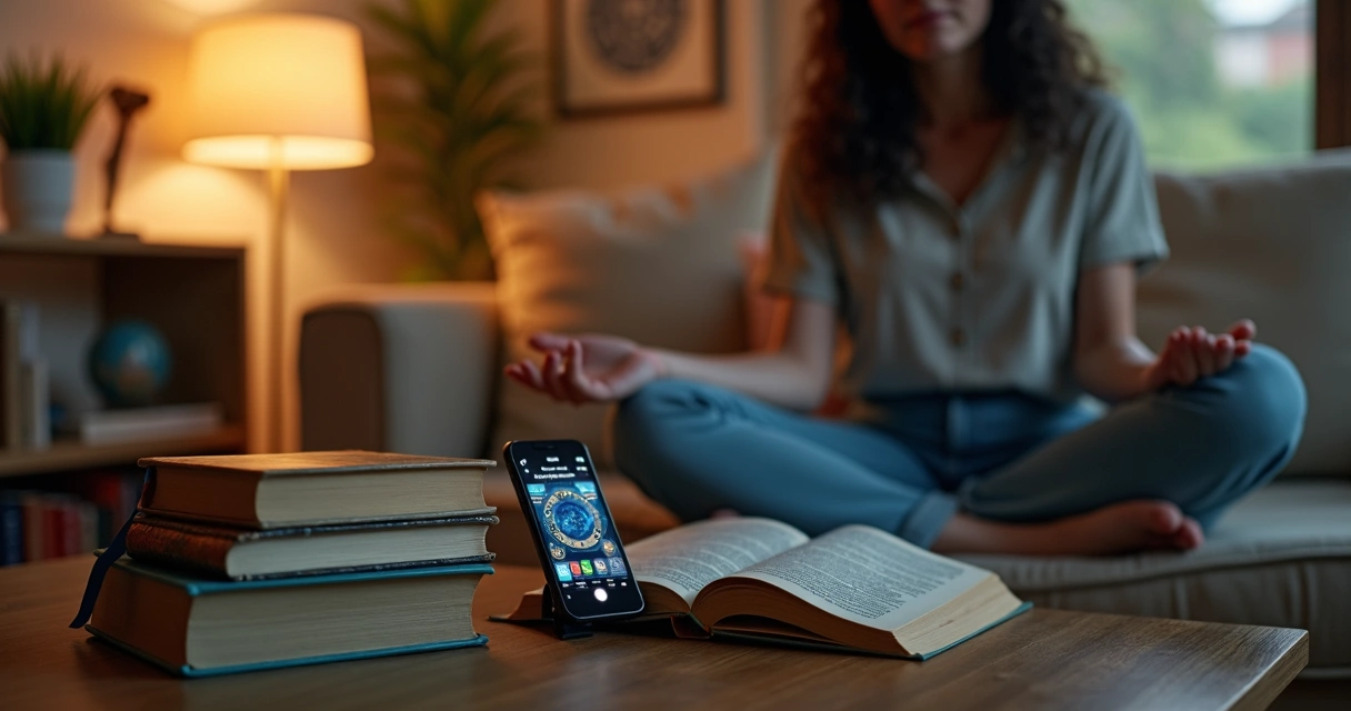 Mulher analisando livros espirituais e previsões astrológicas no celular 