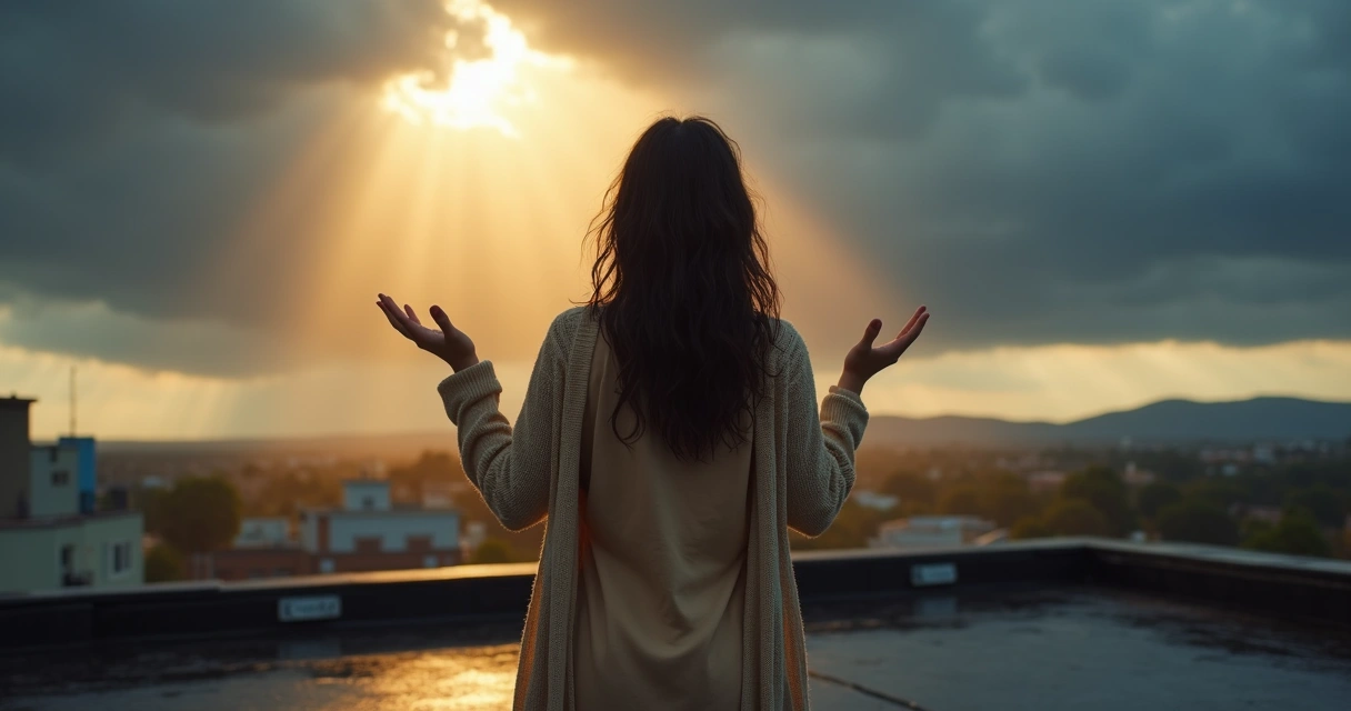 Mulher de braços erguidos louvando a Deus diante de um céu tempestuoso e um feixe de luz 