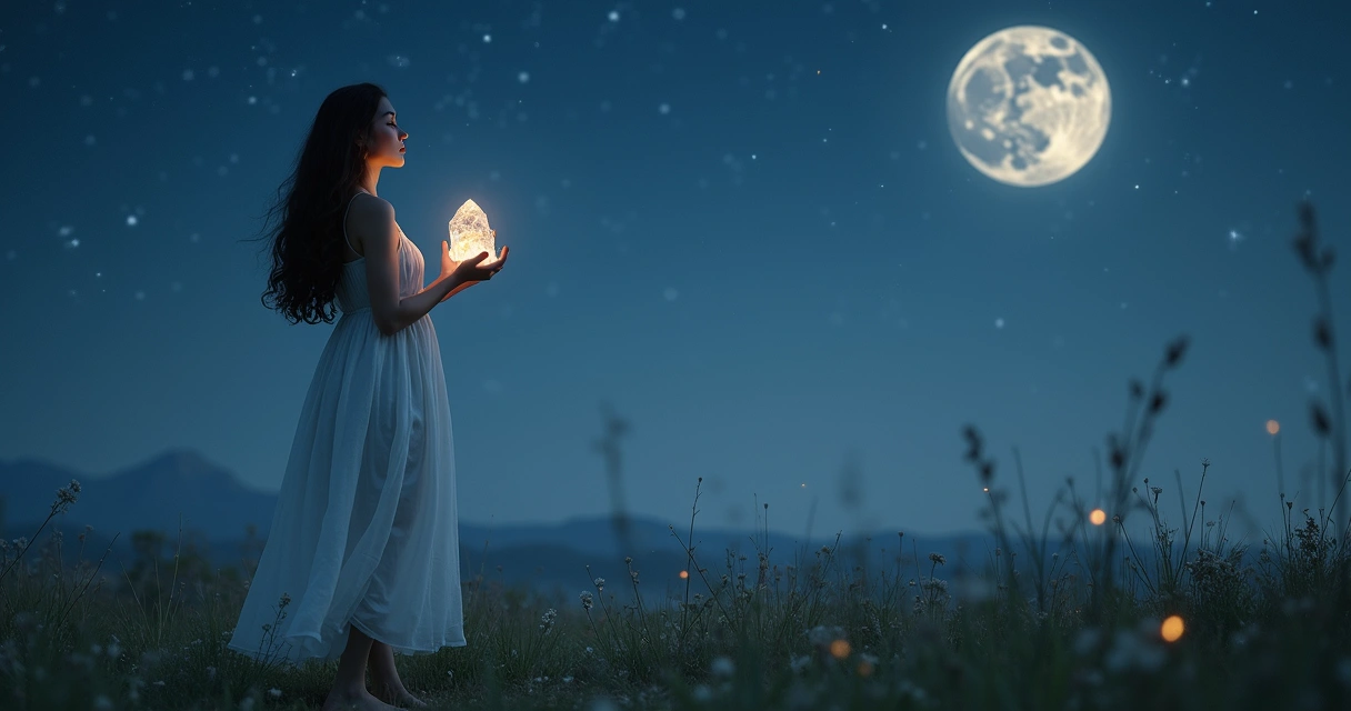 Mulher segurando cristal sob o céu estrelado em noite de lua nova 