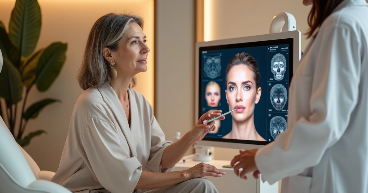 Mulher com pele madura observando análise digital da pele em clínica estética sofisticada 