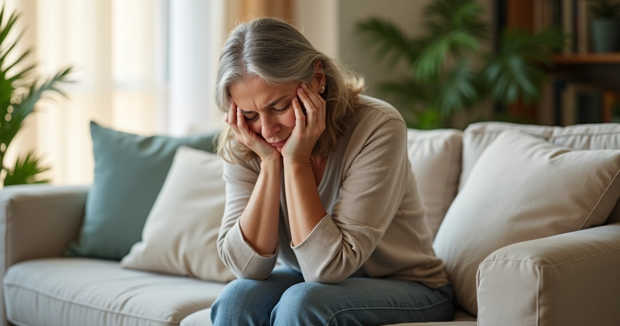Mulher sentada em sofá com expressão de cansaço, em ambiente doméstico iluminado 
