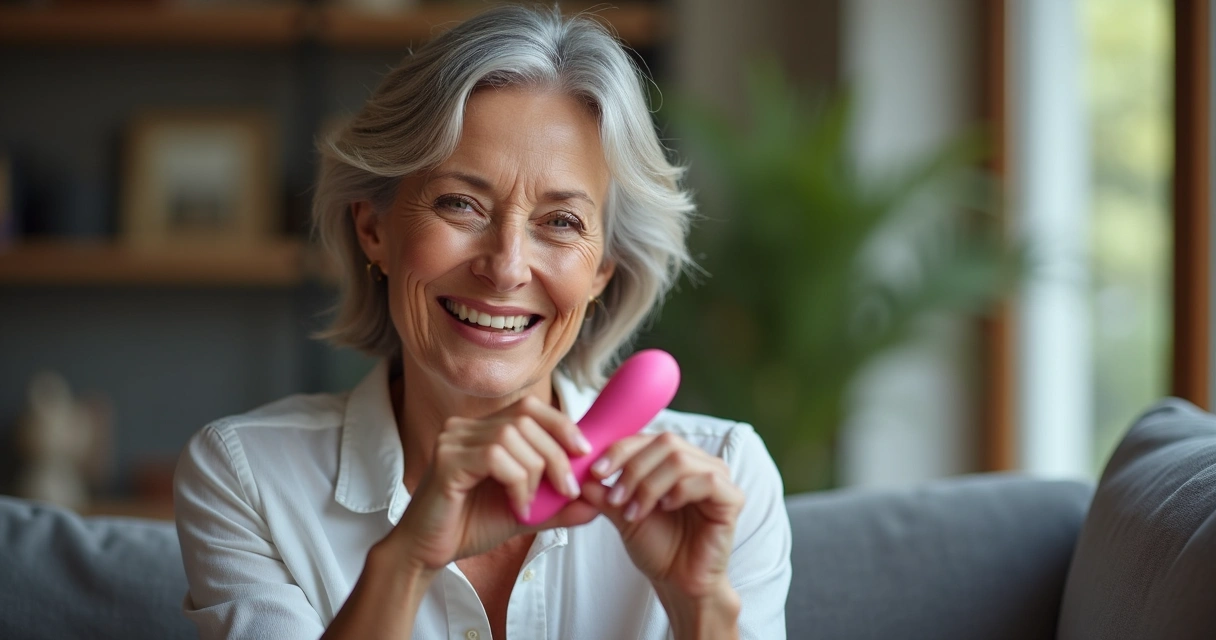 Mulher madura sorrindo segurando vibrador moderno colorido 
