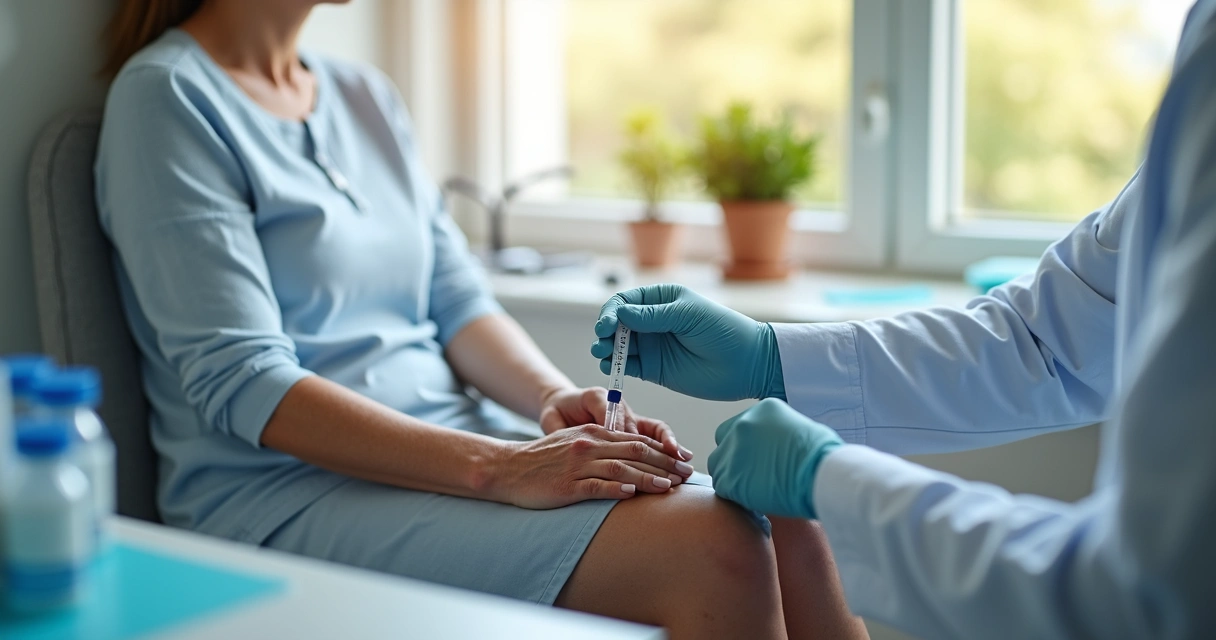 Mulher madura recebendo exame de sangue de profissional de saúde 
