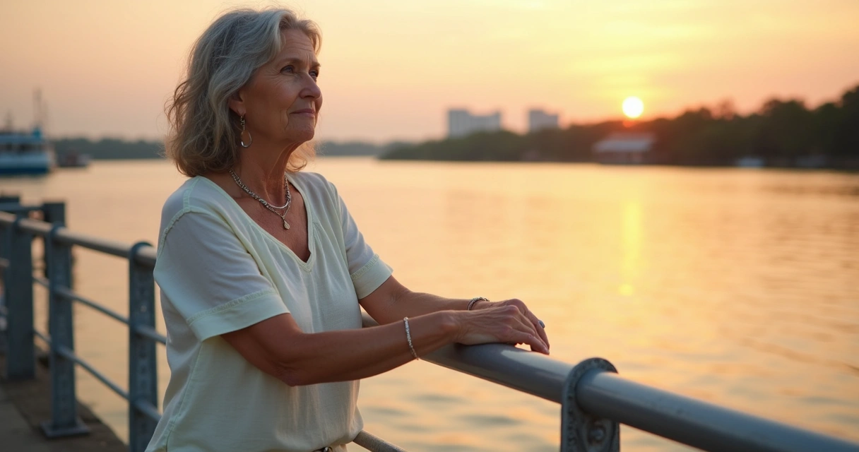 Mulher madura em Manaus olhando o rio ao pôr do sol com expressão tranquila 