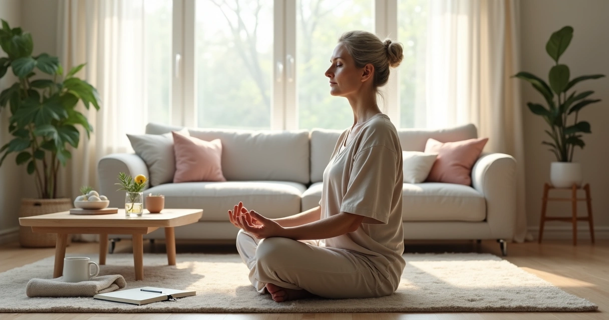 Mulher madura em posição de meditação em sala de estar iluminada pela manhã 