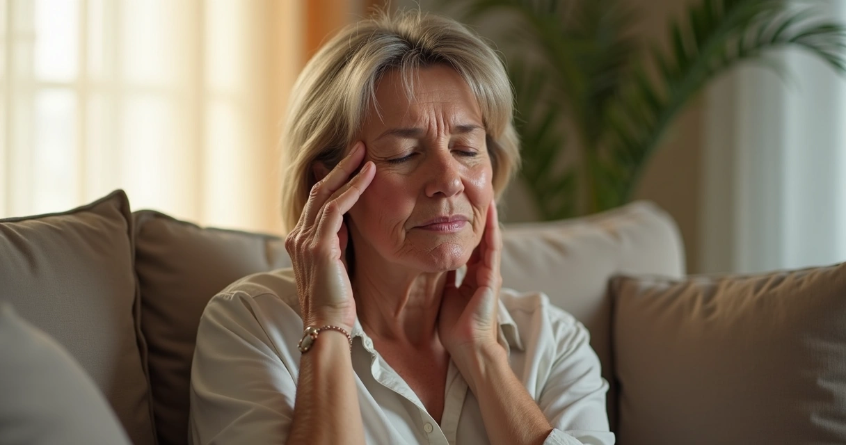 Mulher madura tocando o rosto, aparentando calor e desconforto