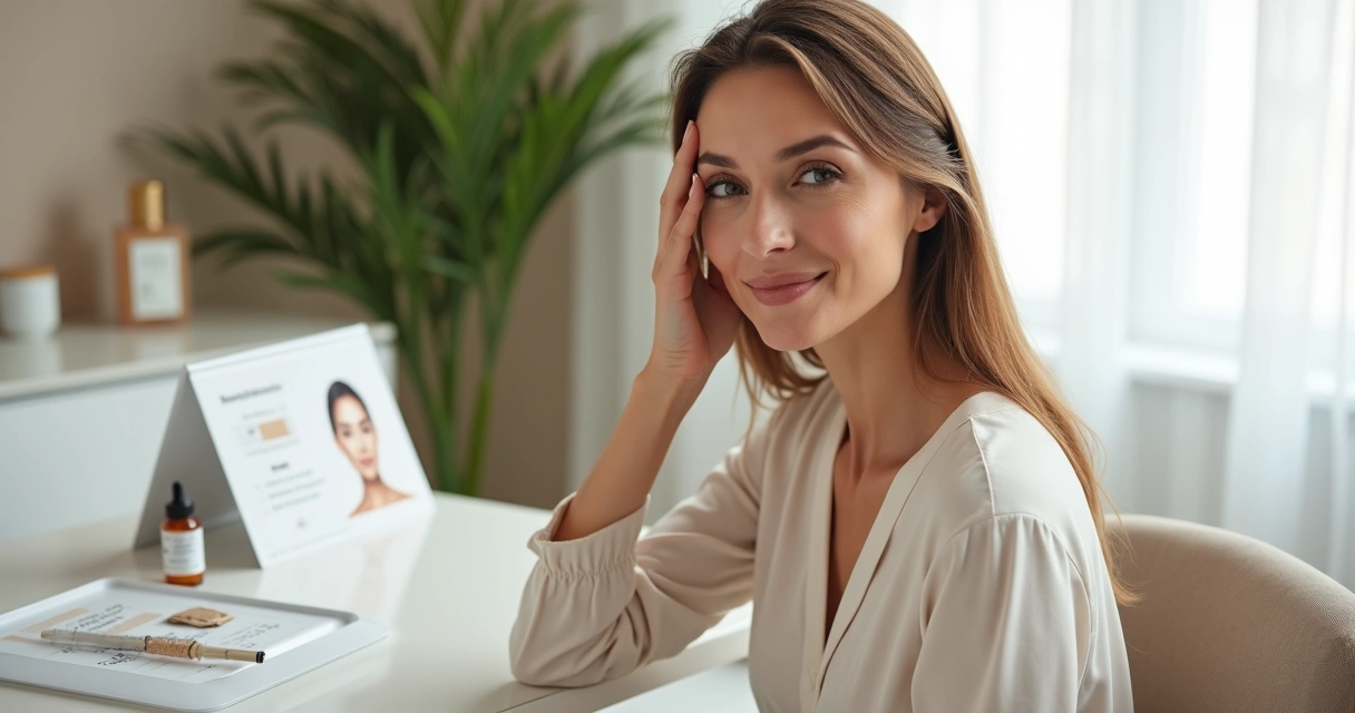 Mulher madura tocando o rosto com pele suave em ambiente de clínica elegante 