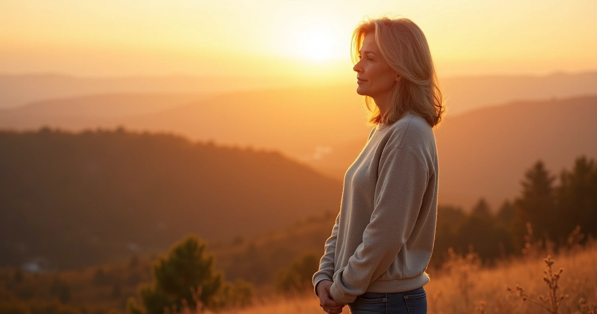Mulher de meia-idade serena olhando o horizonte em meio à natureza 