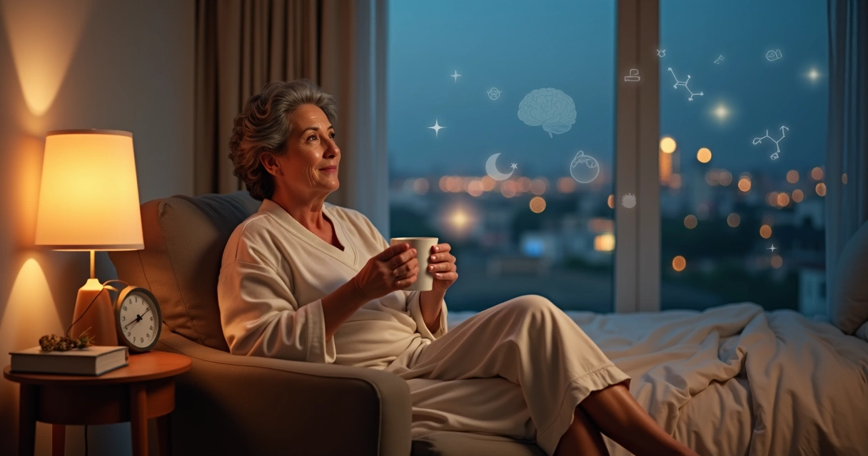 Mulher madura relaxando em poltrona perto da janela à noite 