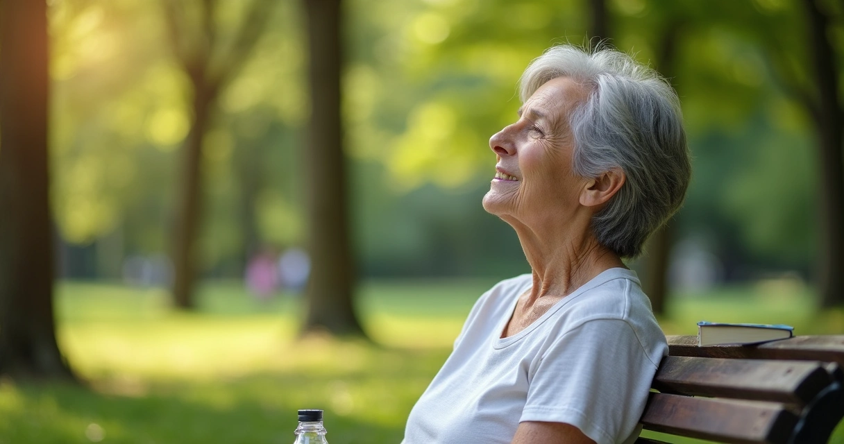 Mulher madura de cabelo grisalho sentada em um parque rodeada de plantas verdes e luz do sol suave