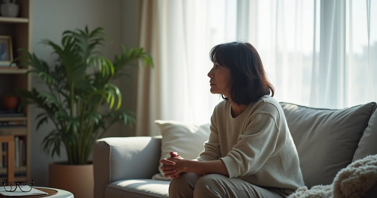 Mulher madura sentada no sofá com expressão triste olhando pela janela 